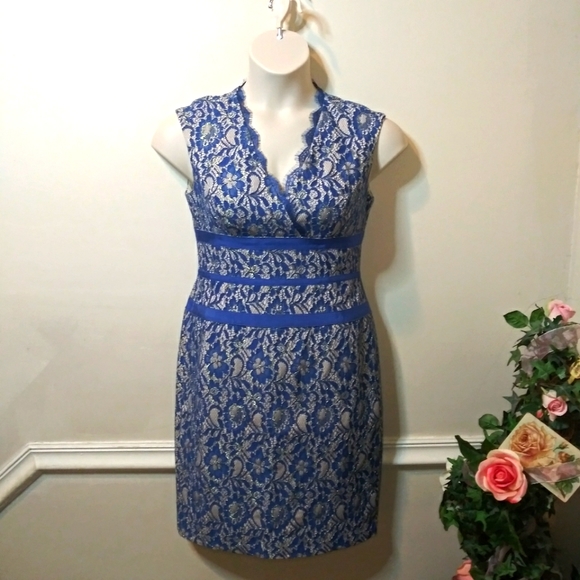 Simply Liliana Deep Royal Blue & Gold Sparkly Lace, Sheath Style Cocktail Dress - Picture 1 of 11